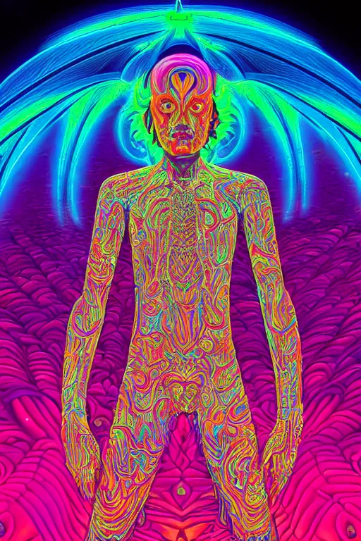 Image similar to a detailed digital neon illustration of the burningman effigy in the style of Alex Grey, lisa frank, beeple, dan mumford. maya render, trending on artstation, greg rutkowski very coherent symmetrical artwork, psychedelic, fantasy, 8k, 3d render, intricate, symmetry, cinematic, hyper realism, high detail, 8k, iridescent accents