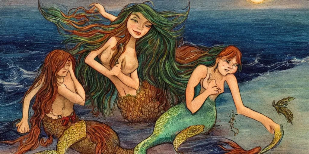 Prompt: hungry mermaid holding frightened sailor