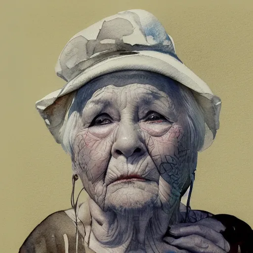 Prompt: a very beautiful polaroid photograph portrait. watercolor and pen painting. very stylized. a sweet fat old woman is painting her shadow on the wall. very stylized. 4 k. wide angle. wild movements. 3 d. symmetrical face. clear realistic face. beautiful hands. deep focus, lovely scene. arnold maya render. concept art. unreal engine