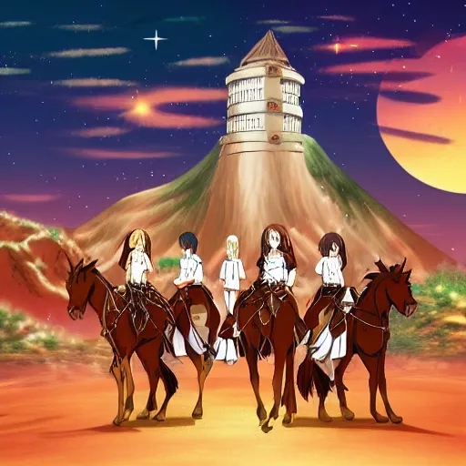 Prompt: Anime style, desert at night filled with centaurs, tall white tower in the background, HD,