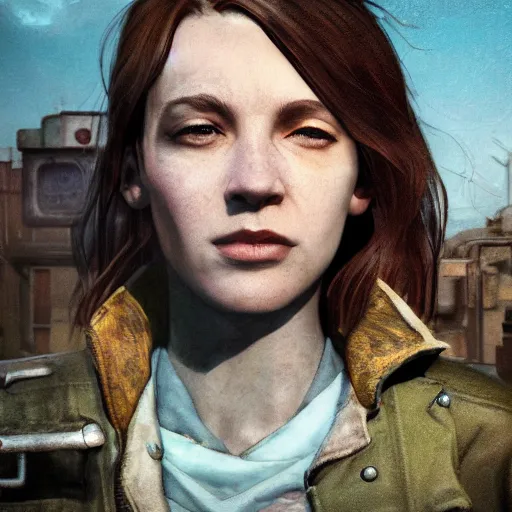 Image similar to fallout 5, charismatic beautiful rugged brunette female protagonist, portrait, outdoors ruined cityscape, atmospheric lighting, painted, intricate, volumetric lighting, beautiful, daytime, sunny weather, few clouds, sharp focus, deep colours, ultra detailed, by leesha hannigan, ross tran, thierry doizon, kai carpenter, ignacio fernandez rios