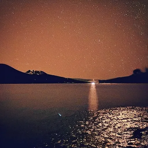 Image similar to “dark blue lake at night with tiny island being illuminated by moonlight, stars in sky”