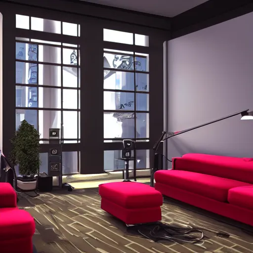 Image similar to A screenshot of a Virtual Reality music studio, living room vibe, Paris hotel style, red velvet furniture, light rays coming out of the windows, raytracing, highly detailed, futuristic, unreal engine 5, photoscanned, photorealistic,