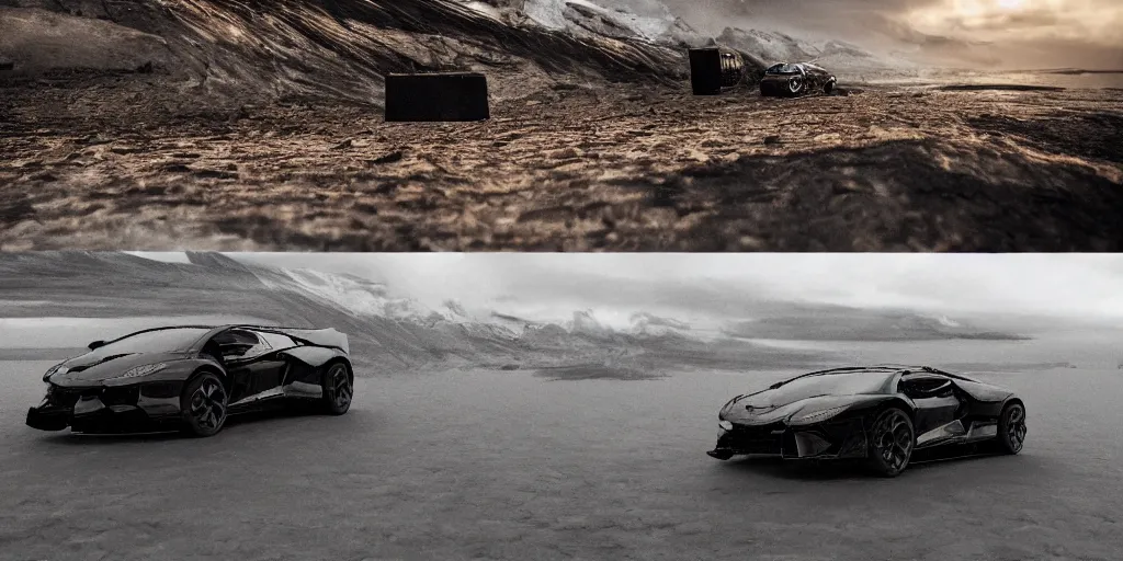 Image similar to a black lego lamborghini driving at the icelandic coast line. black sand. dramatic sky. cinematic. intricate. mist. low angle wide shot. highly detailed. matte painting in the style of andreas rocha. octane render. 8 k. trending on artstation