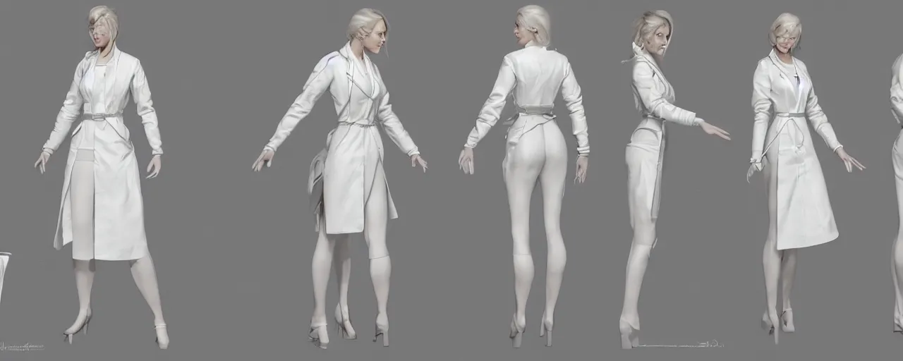 Image similar to character design, reference sheet, gaunt, a beautiful and elegant young lady, doctor's white coat, concept art, photorealistic, hyperdetailed, 3d rendering , art by Leyendecker and frazetta,