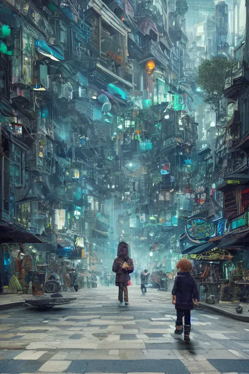 Prompt: a portrait of a small person in the middle foreground walking in the street of a great green and blue mechanical city by Greg Rutkowski, Sung Choi, Mitchell Mohrhauser, Maciej Kuciara, Johnson Ting, Maxim Verehin, Peter Konig, final fantasy , mythical, 8k photorealistic, cinematic lighting, HD, high details, atmospheric,