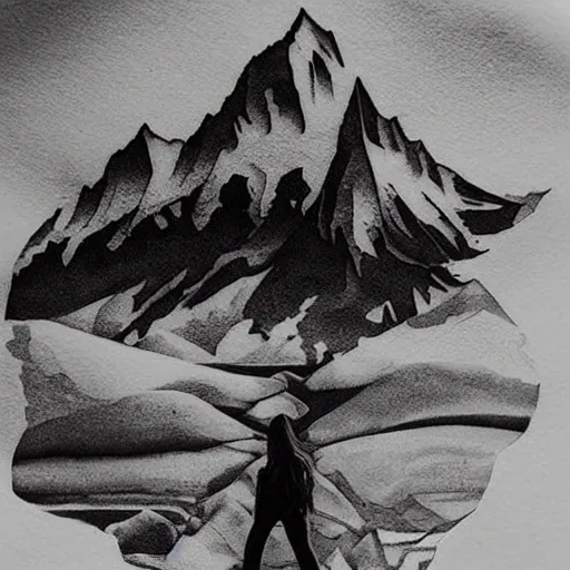 Image similar to megan fox & beautiful mountains, double exposure effect, medium sized tattoo sketch, amazing detail