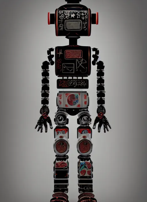 Image similar to full body photo of an industrial punk robot with kanji tattoos and decals wearing a digital pixelated kimono, intricate design, photo - realistic, octane render, dark colour palette, ultra fine detailed, character design, trending on artstation