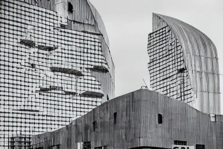 Prompt: a brutalist building in the shape of a Mobius strip, windows, door, rooftop, urban photography, detailed