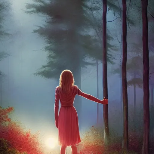 Image similar to taylor swift holding her hand out for you to hold, long hair with bangs, Crystal clear blue eyes, full-body-shot, beautiful fog lit forest backround, oil colors, elegant, sharp focus, cute face, Hyper-realistic, Highly Detailed, HD, Dramatic Lighting by Brom, by beeple, studio ghibli, wallpaper, highly detailed, trending on artstation