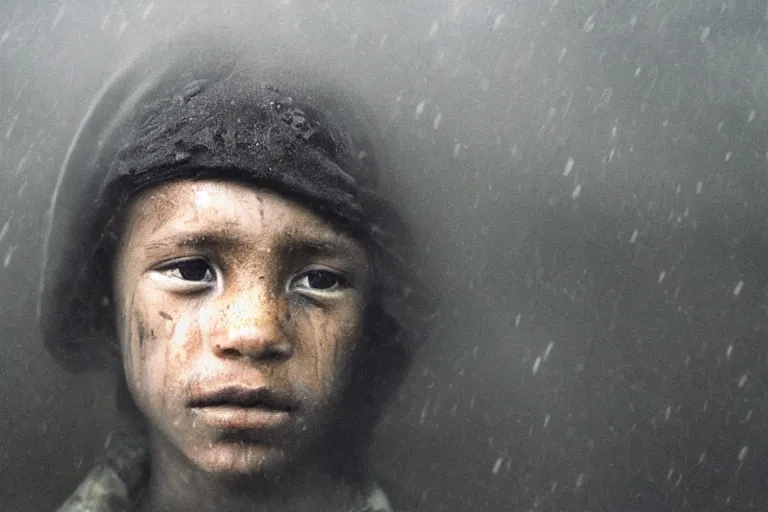 Prompt: a cinematic!! headshot photograph!! of a beautiful homeless war child veteran with closed eyes, stood in a tunnel, rain, fog, film still, cinematic, dramatic lighting, by bill henson