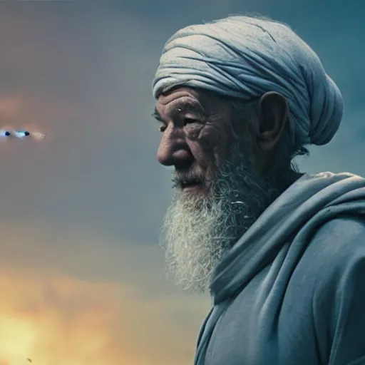 Image similar to landscape photo of ian mckellen as osama bin laden in a dark hood fighting an alien invasion by creatures from jupiter, arial shot, highly detailed, cinematic shot, cinematic lighting, 8 k.