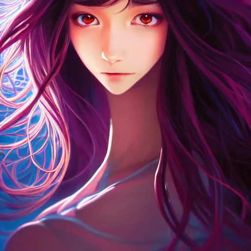 Image similar to a beautiful girl with long dark hair, going through a portal between worlds, intricate, highly detailed, digital painting, artstation, official media, anime key visual, concept art, rich vivid colors, ambient lighting, sharp focus, illustration, art by Artgerm, Makoto Shinkai, Ilya Kuvshinov, Lois Van Baarle, and Rossdraws