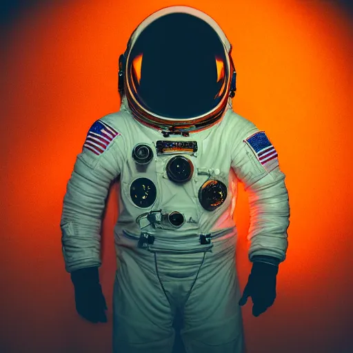 Image similar to photograph of an astronaut against the pitch black darkness of space, full body photo, lit from below, amazing light and shadow contrast,, 8 k