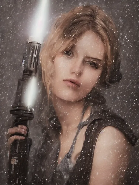 Image similar to cute model annie leonhart holding a lightsaber, beautiful face, detailed face, realistic eyes, cinematic lighting, rainy weather, melancholy atmosphere, volumetric light, realistic reflections, model agency, instagram photo, shot on sony a 7 iii, beauty filter, postprocessing