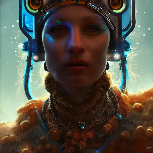 Image similar to detailed portrait of a futuristic sci - fi shaman in an impressive scene. extremely detailed. beautiful lighting. trending on artstation.