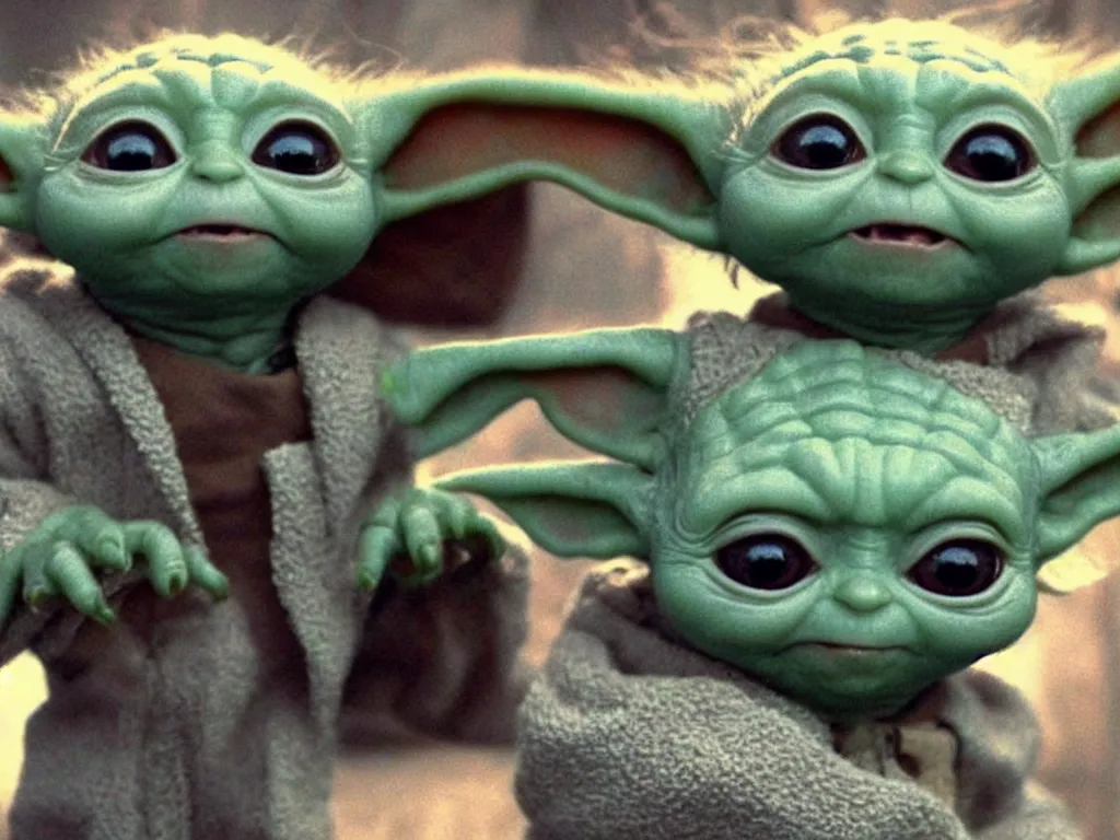 Prompt: cute baby yoda holding even cuter tiny embryo yoda, movie still from guardians of the galaxy