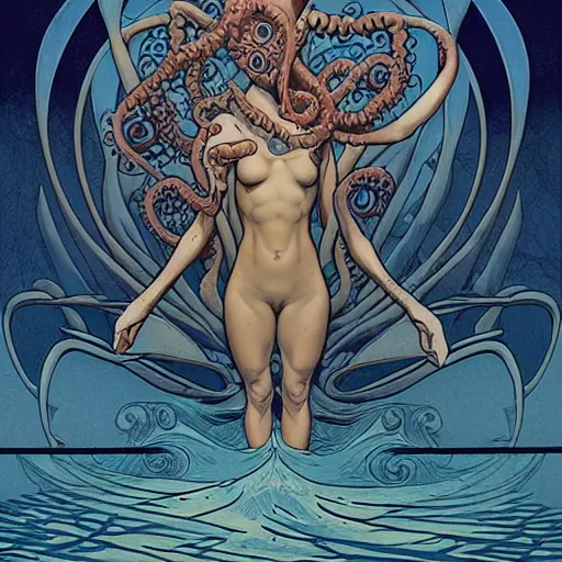 Prompt: in the style of Steve Niles, Joshua Middleton, William Morris, Peter Mohrbacher and artgerm, Chtulhu rising from the water staring at a boat, Lovecraftian, ocean, night, storm, lighting, terror, horror, mood lighting