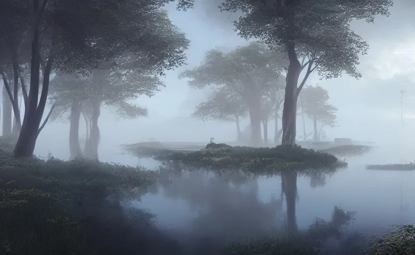 Image similar to a strange lake directed by charlie kaufman ( 2 0 0 1 ) anamorphic lenses, foggy volumetric light morning, a beam of light from the heavens, cinematic trending on artstation in the style of greg rutkowski