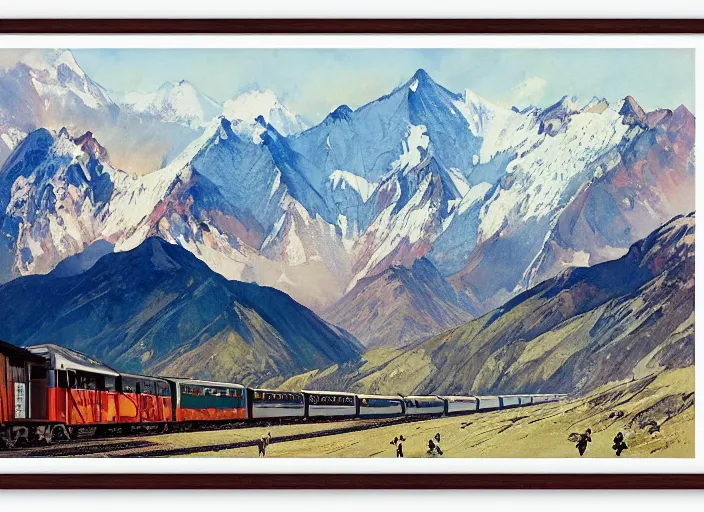 Image similar to a copic maker illustration of the andes mountain range in santiago de chile framed by a train window by john berkey norman rockwell and giorgio de chirico