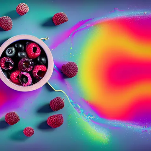 Image similar to raspberry, blueberry, vanilla smoothie explosion, intricate complexity, inverted neon rainbow drip paint, trending on art station, photoreal, 8 k, octane render