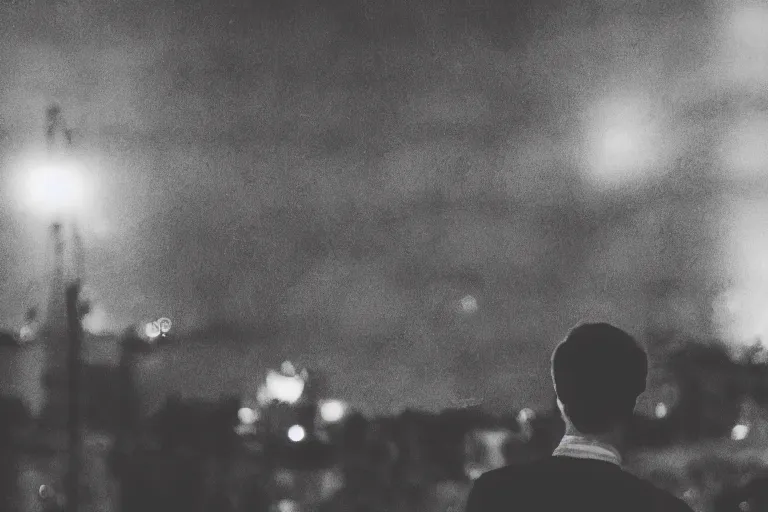 Image similar to silhouette, person on foreground, turned back to the camera, watching cars drive by, bokeh, photorealistic, photo, fuji 2 0 0, canon 8 5 mm, bokeh, cold palette, cinematographic, racing cars, motorsports, chicane, getty images,