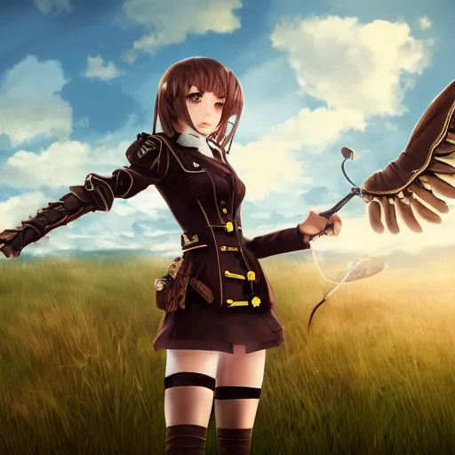 Prompt: girl with a steampunk uniform and weapons and metal wings, serious, extremely detailed, made by wlop, cinematic lighting, full body portrait, illustration, grass, sunny, clouds, sky, anime, side view,