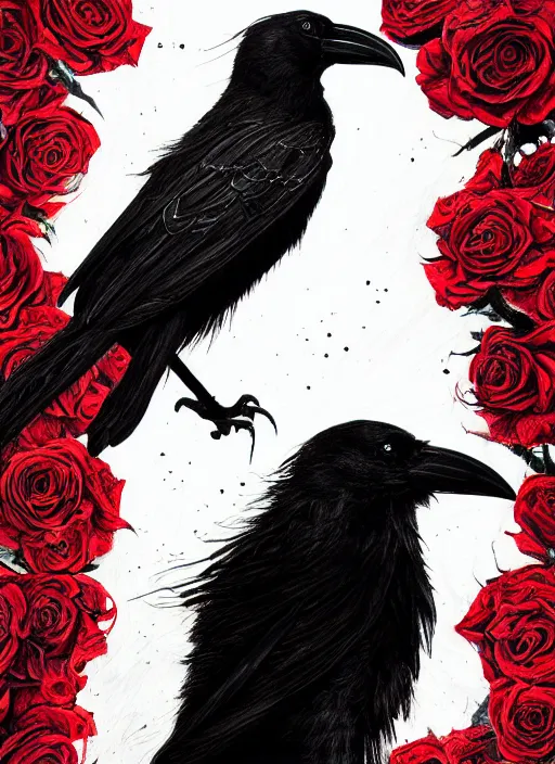 Image similar to portrait, A crow with red eyes in front of the full big moon, book cover, red roses, red white black colors, establishing shot, extremly high detail, foto realistic, cinematic lighting, pen and ink, intricate line drawings, by Yoshitaka Amano, Ruan Jia, Kentaro Miura, Artgerm, post processed, concept art, artstation, matte painting, style by eddie mendoza, raphael lacoste, alex ross