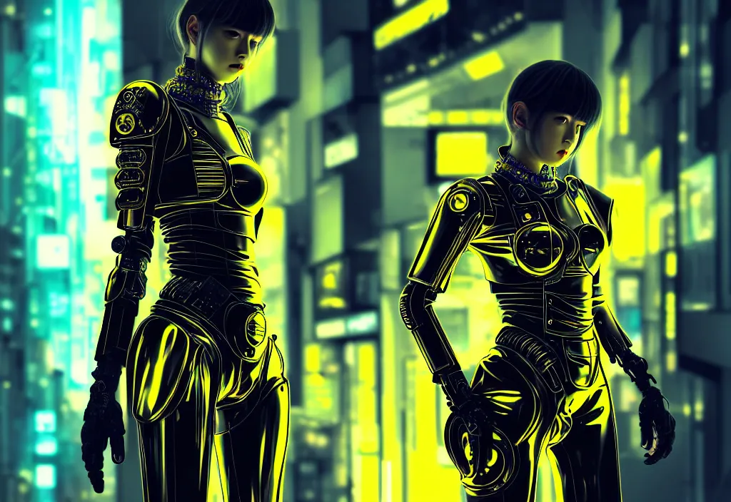 Prompt: portrait of futuristic armor ploice girl, metallic black and yellow color wardrobe, in cyberpunk lights shibuya japan reflected night, ssci - fi, neon light and fantasy, intricate and beautiful, highly detailed, concept art, smooth and sharp focus, illustration, art by tian zi and wlop and alphonse mucha