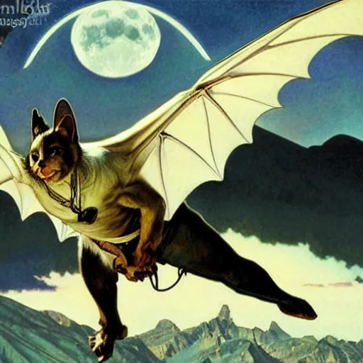 Image similar to hyper realistic white bat, flying against a dark black night sky, mountain in the background, moonlight, denoised, very detailed, painted by james gurney, alphonso mucha, norman rockwell, tom bagshaw