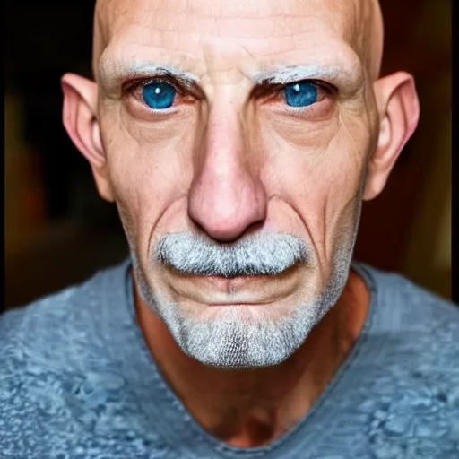 Image similar to tall bald man with blue eyes wrinkles strong jaw high cheekbones mustache small pointy nose no eyebrows large ears