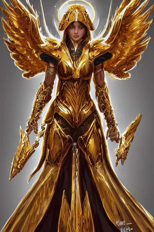 Prompt: grand mage in golden armor with intricate angelic wings, WLOP, concept art, digital painting, trending on artstation, highly detailed, 8k UHD, artgerm