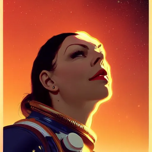 Prompt: a close-up of Laura Prepon as an astronaut, dramatic backlighting, golden hour, kodachrome, high contrast, highly detailed, sharp focus, digital painting, concept art, illustration, trending on artstation, art by greg rutkowski + greg hildebrandt + alphonse mucha