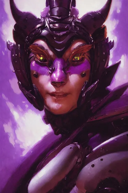 Image similar to extreme close up, facial portrait, woman with a long black ponytail in purple sci - fi armor, wearing a kitsune mask, shoulder pad is a glowing oni mask, striking pose, portrait dnd, painting by gaston bussiere, craig mullins, greg rutkowski, yoji shinkawa