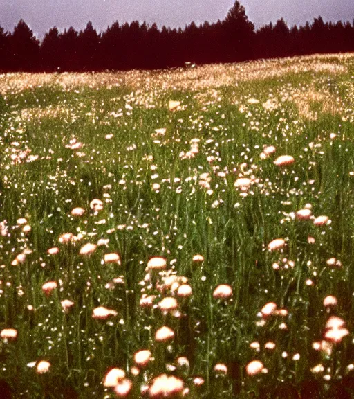 Image similar to encounter with satan in beautiful meadow of flowers, film photo from 1970s, grainy, high detail, high resolution