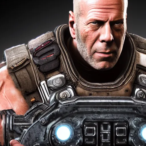 Prompt: Bruce Willis as a gears of war 4 videogame character, undertailed, 8k render,