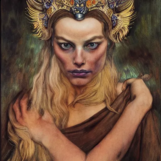 Image similar to weeping Margot Robbie wearing the bone crown, by Annie Swynnerton and Diego Rivera and Evelyn De Morgan, symbolist, dramatic lighting, elaborate geometric ornament, Art Brut ,god rays, soft cool colors,smooth, sharp focus, extremely detailed, Adolf Wölfli