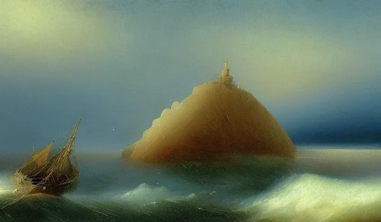 Image similar to A serene landscape with a singular building in the style of Ivan Aivazovsky.