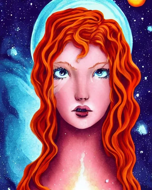 Image similar to tarot card of space astral girl, red hair, ginger hair, fantasy, glowing skin, smooth face, perfect eyes