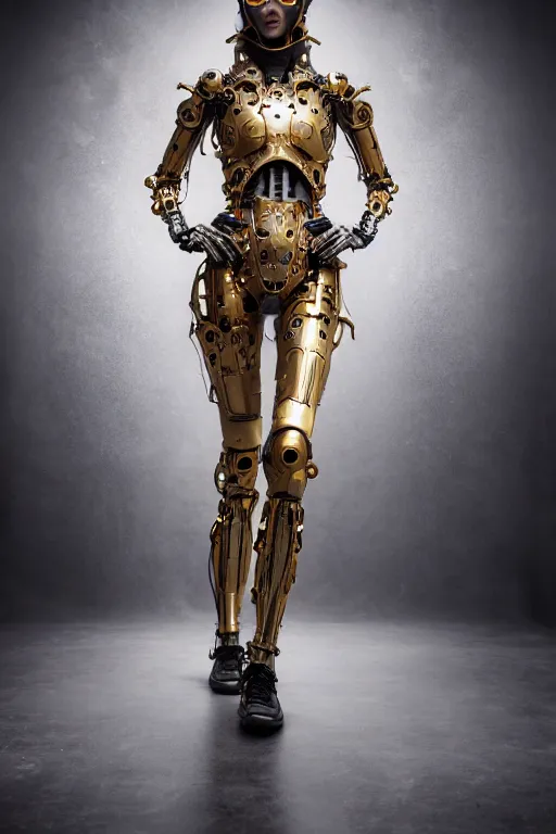 Image similar to beautifull cyberpunk woman model, wearing organic biomechanical armor, thin gold terdrils, luxury materials, symmetrical, cinematic, elegant, professional studio light, real dlsr photography, sharp focus, 4 k, ultra hd, sense of awe, high fashion