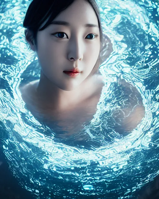 Image similar to beautiful centered fine art photo portrait of hoyeon jung as a solarpunk robotic humanoid, half body above water, white mechanical parts with bright halogen lights, ultra - realistic and detailed, white background, natural lighting, soft focus, slow exposure hdr 8 k