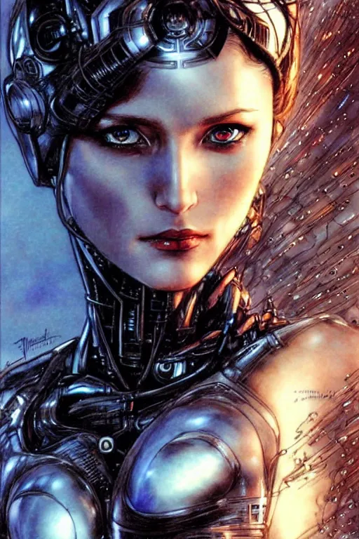 Image similar to Elizabeth Olson is a beautiful robot fighter pilot, fantasy, portrait, sharp focus, intricate, elegant, illustration, ambient lighting, art by Luis Royo