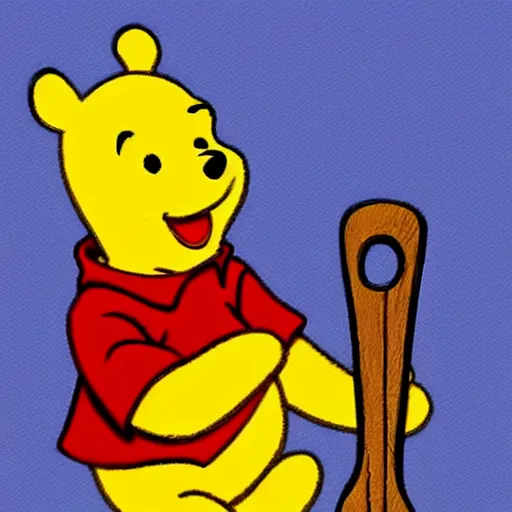 Image similar to winnie the pooh holding a bloody knife, in the style of winnie the pooh cartoon
