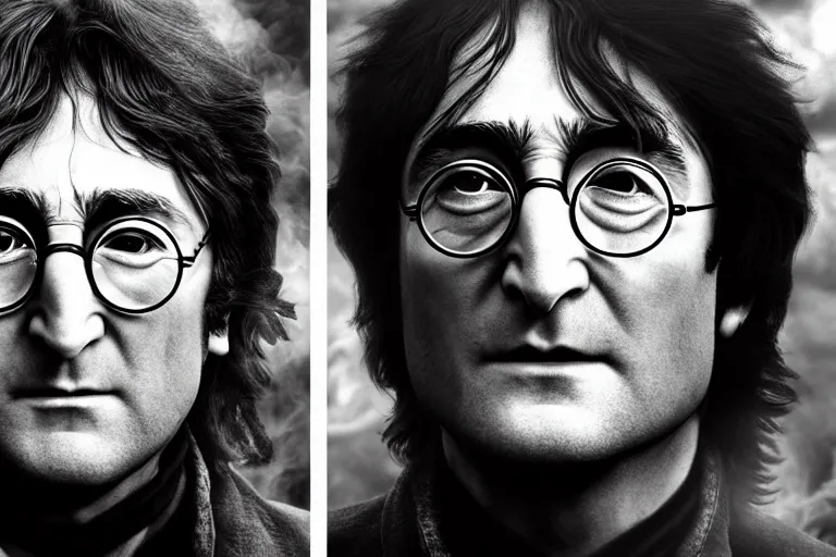 Image similar to an ultra realistic, cinematic, headshot portrait, of john lennon as harry potter, fire, facial features, background of a lava river, with rain and lightning, detailed, deep focus, movie still, dramatic lighting, ray tracing, by michal karcz and yoshitaka amano