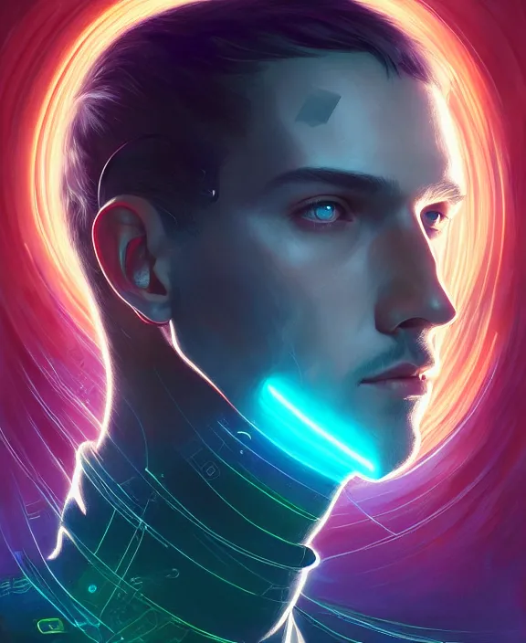 Image similar to a whirlwind inside the metaverse, guy, male, man, hologram, half body, neurochip, android, cyborg, cyberpunk face, by loish, d & d, fantasy, intricate, elegant, highly detailed, colorful, digital painting, artstation, concept art, art by artgerm and greg rutkowski and alphonse mucha