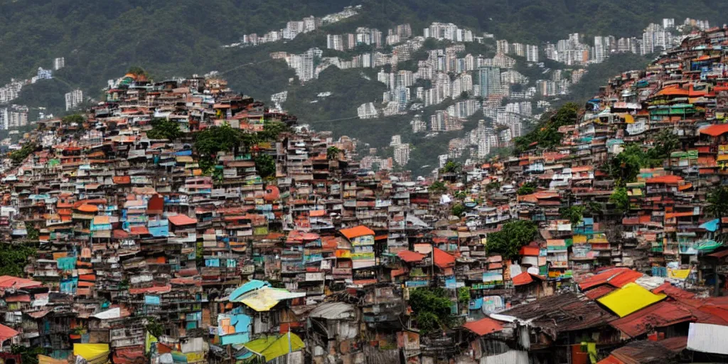 Image similar to photo of rio de janeiro favela being invaded by armed aliens, photorealistic, warm colors, tranquil, peace, happy rocinha