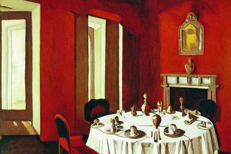 Image similar to A oil painting of a french red dinner room, with silver cutlery by Nicholas Roerich, by Georgia o Keeffe, by Gustave Moreau