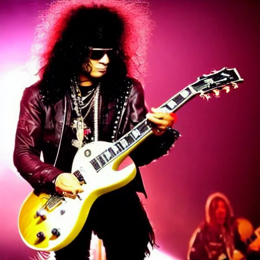 Image similar to A very cool picture of Slash from Guns n’ Roses playing guitar on his Les Paul