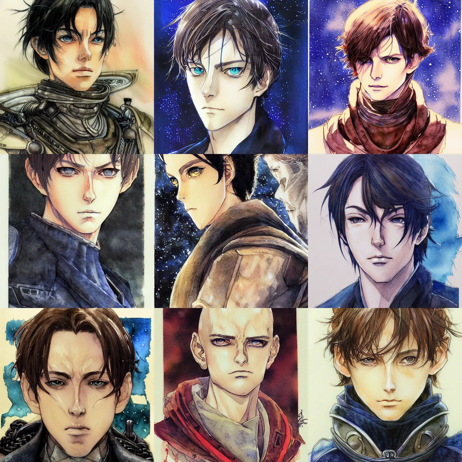 Prompt: paul atreides portrait by yoshitaka amano, watercolor, delicate, masterpiece, anime