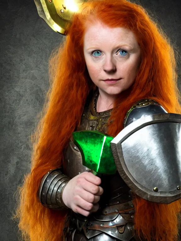 Image similar to dwarven woman, ginger hair, green eyes, holding hammer and shield with plate armour